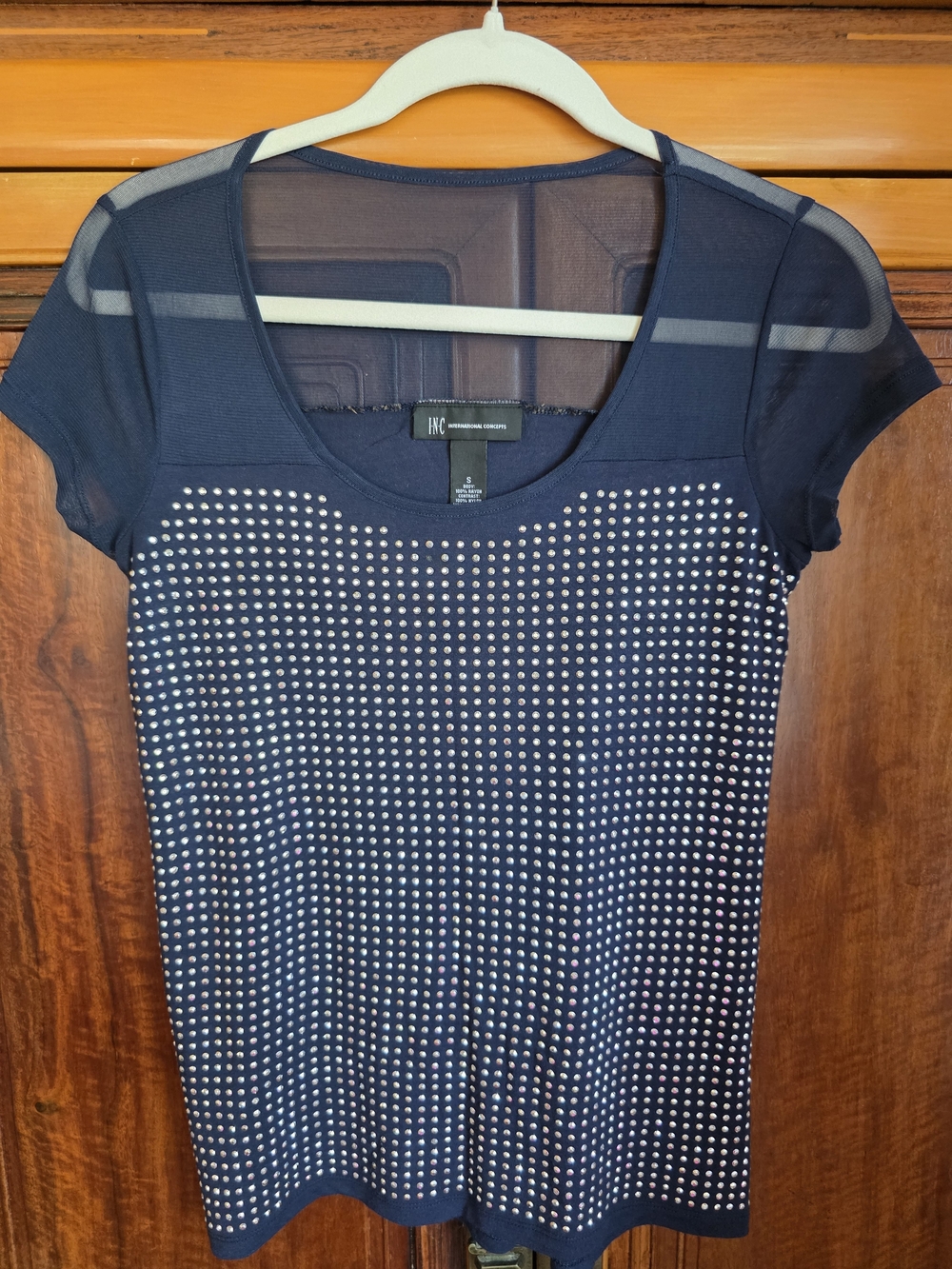 INC International Concepts Navy Short-Sleeve Mesh Studded Top
